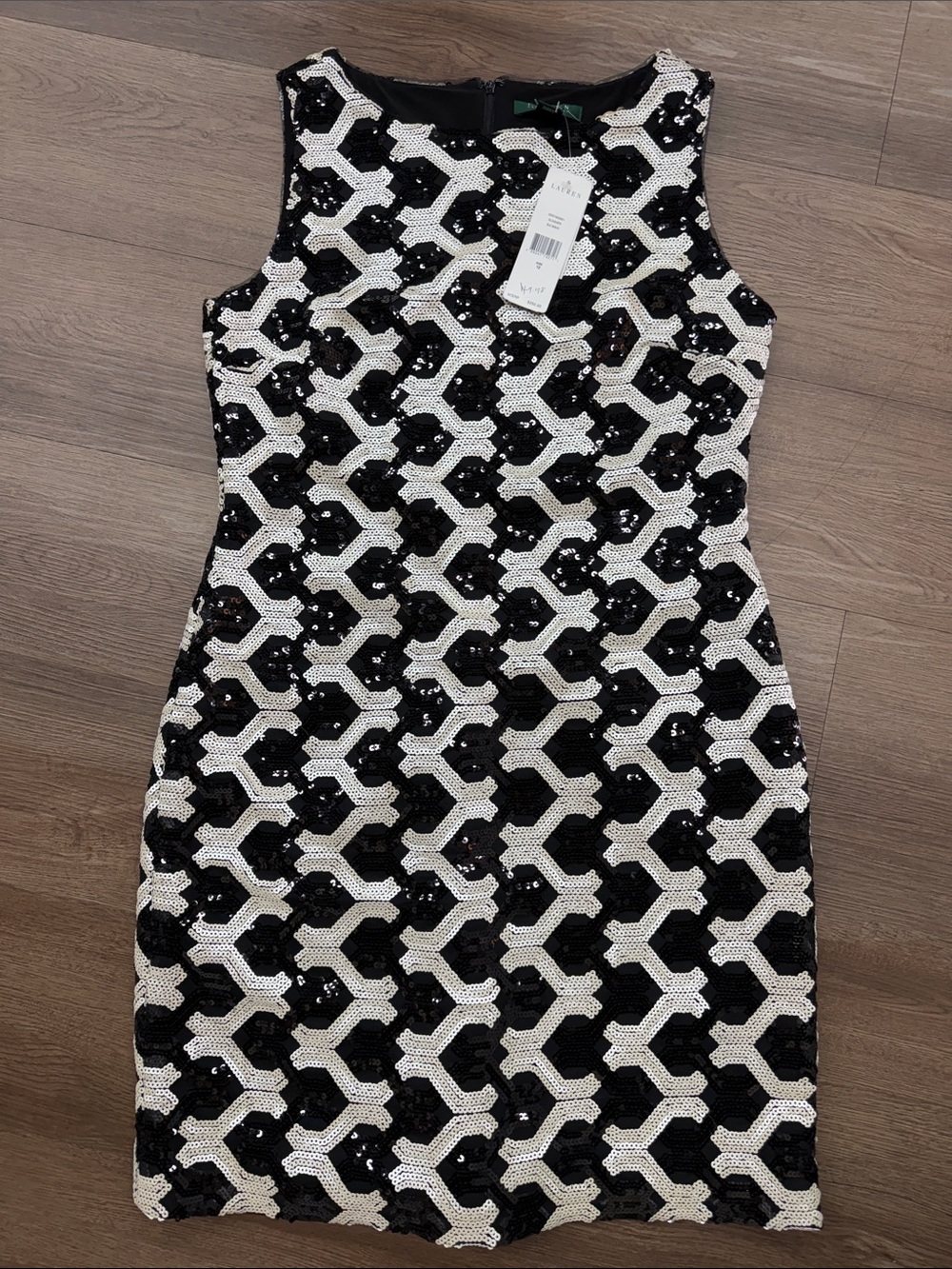 NWT Lauren Ralph Lauren Black and White Sequin Geometric Sheath Dress Sz 12